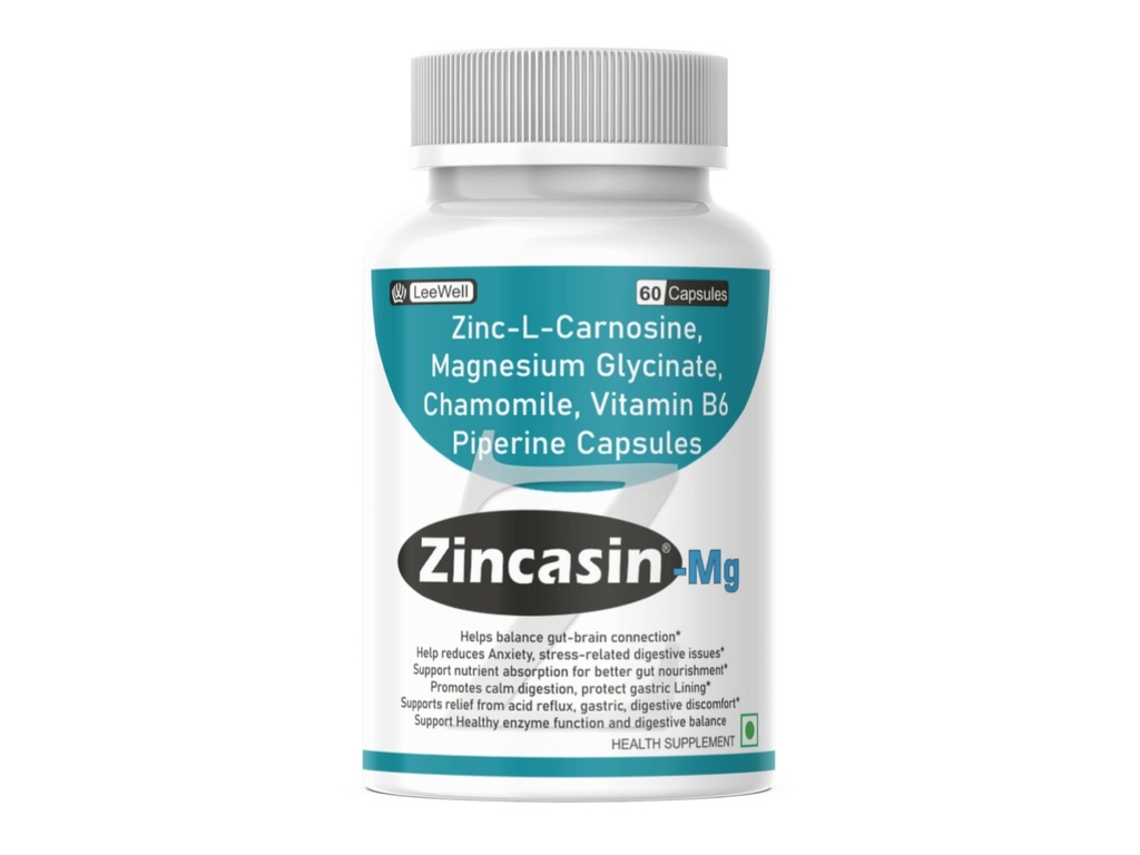 Zincasin -Mg (LeeWell) Magnesium glycinate, Zinc Carnosine, Chamomile | Helps relax smooth muscles in the digestive tract, stomach, intestine mucosa soothing, lining repair support -60 Capsules