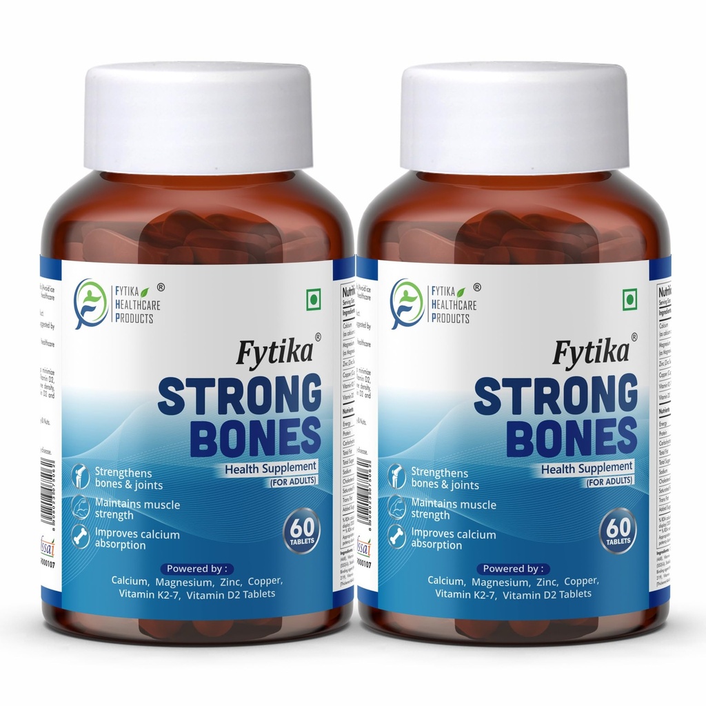 Fytika Strong Bones (Pack of 2) - 120 TABS | Calcium 1000mg + Vitamin D3 400IU Supplement with Magnesium, Zinc,Coper & Vitamin K2 for Complete Bone, Joint & Muscle Health - Women and Men