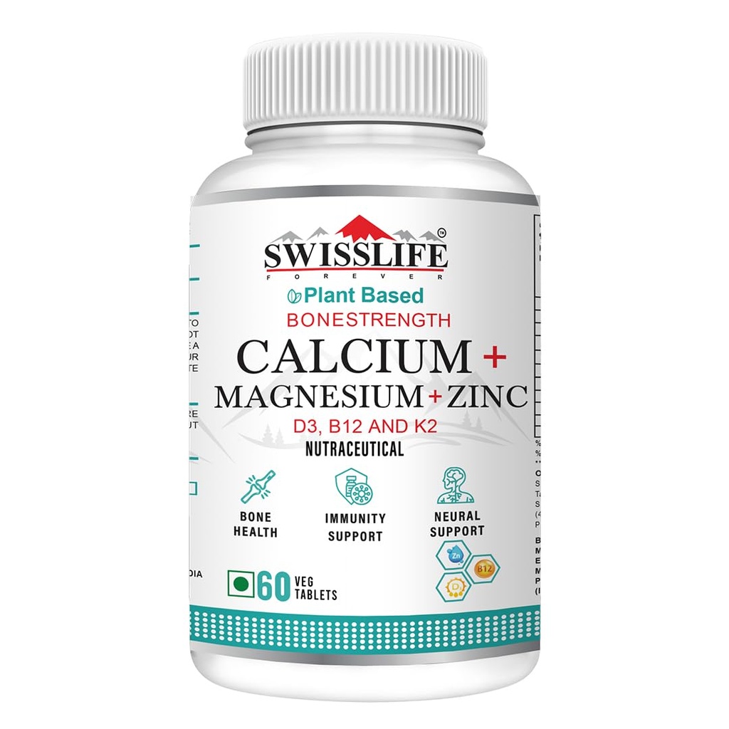SWISSLIFE FOREVER Calcium Magnesium Zinc with Vitamin D3, K2 MK7 & B12 | Bone Strength, Immunity & Nerve Health Support | Calcium Supplement for Men & Women | 60 Tablets