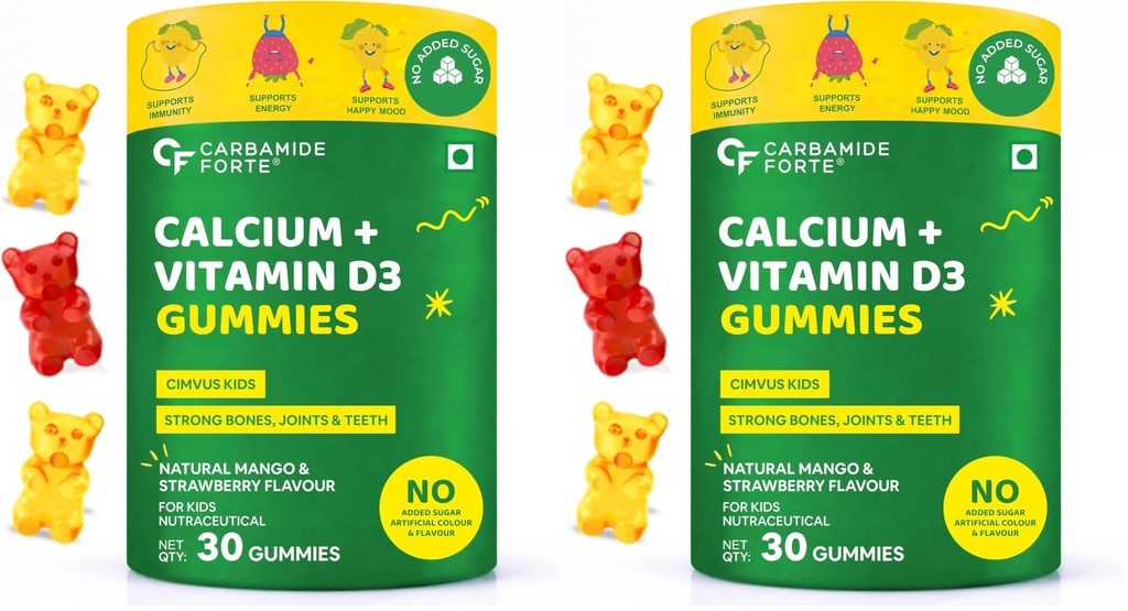 Carbamide Forte Calcium for Kids + Vitamin D3 Gummies | Calcium Gummies for Kids With Phosphorus | Calcium Supplements For Growing Bones & Teeth | Mango & Strawberry Flavour | 30 Veg Gummy (Pack of 2)