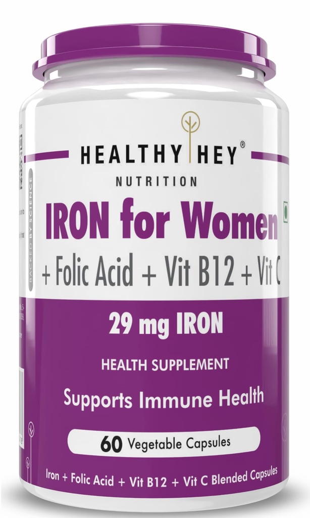 HealthyHey Nutrition Iron Supplement for Women -100% Chelated - With Vitamin B12, Folic Acid & Vitamin C for High Absorption (60 Veg Capsules)