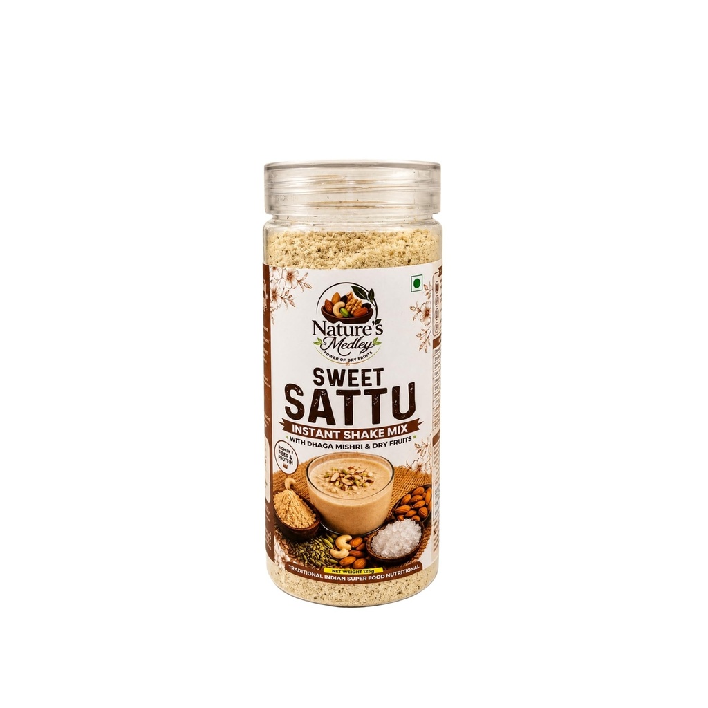 Nature's Medley Sweet Sattu Instant Shake Mix, with Dhaga Mishri and Dry Fruits, Rich in Omega, 125g