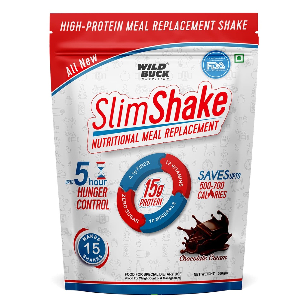 WILD BUCK SlimShake Meal Replacement Shake, High Protein Weight Loss Shake, Low Carb Protein Blend, Rich in 12 Vitamins & 10 Minerals, Weight Control & Management Protein Shake 15g Protein, 4.1g Dietary Fiber & Digestive Enzymes | Meal Replacement Shake for Men and Women [Chocolate Cream, 500g]