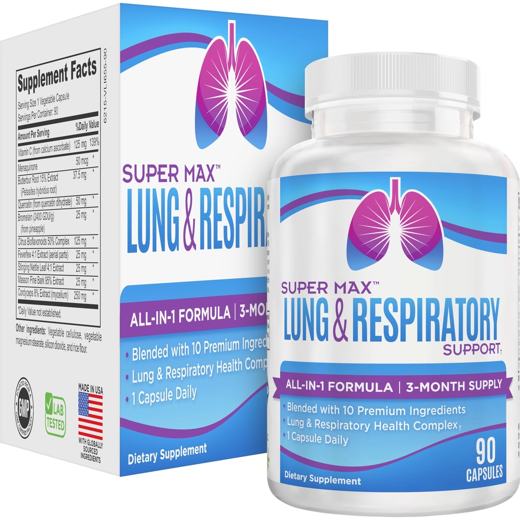 Lung & Respiratory 3-Month Support Supplements 10-in-1 Formula | 90-Day Bulk Supply | 90 Capsules
