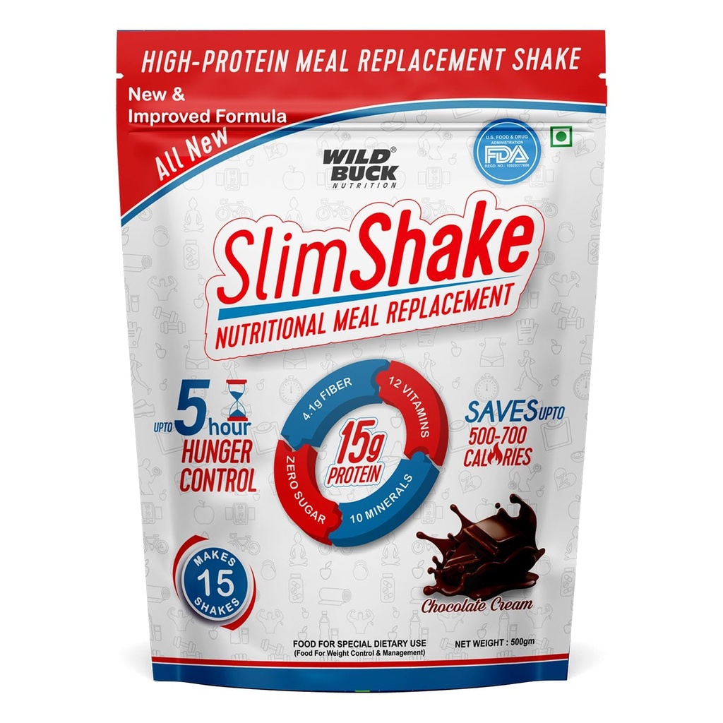Wild Buck SlimShake High Protein Meal Replacement Shake Powder for Weight Management – 15g Protein, 4.1g Fiber, 0g Added Sugar, Low Carb, Low Fat, Hunger Control up to 5 Hours – 12 Vitamins & 10 Minerals, Garcinia Cambogia, Green Tea & Green Coffee Extract – Chocolate Cream Flavor – 500g for Men & Women