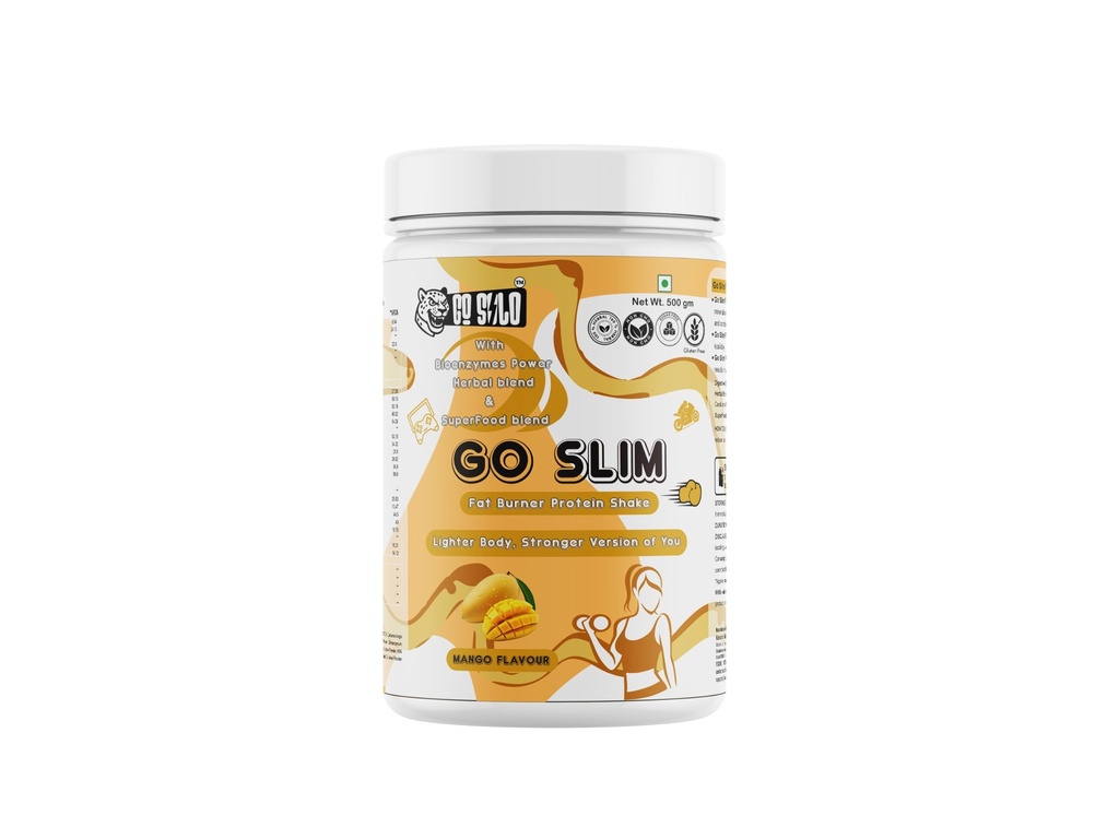Go Slim Fat Burner Protein Shake by GOSOLO | Weight Management Shake, Mango Flavour, 500 gm | With Bioenzymes Power, Herbal Blend & Superfood Blend | With Vitamins, Minerals & Amino Acid Blend | Perfect Balance For One Time Food Replacement ( Female )