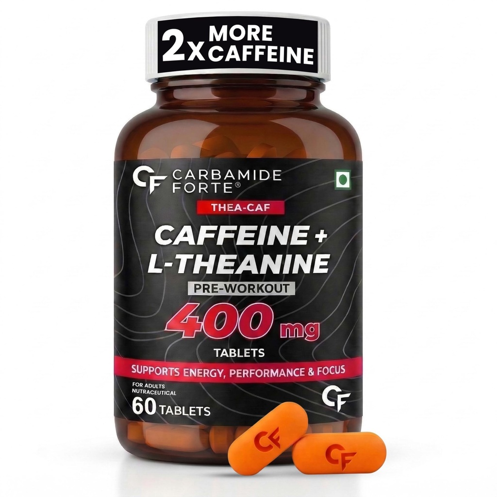 Carbamide Forte Caffeine Tablets with L Theanine | Pre Workout for Men & Women | High Strength Caffeine for Energy & Focus | Gym Supplement for Men & Women | 60 Veg Tablets for Pre Workout
