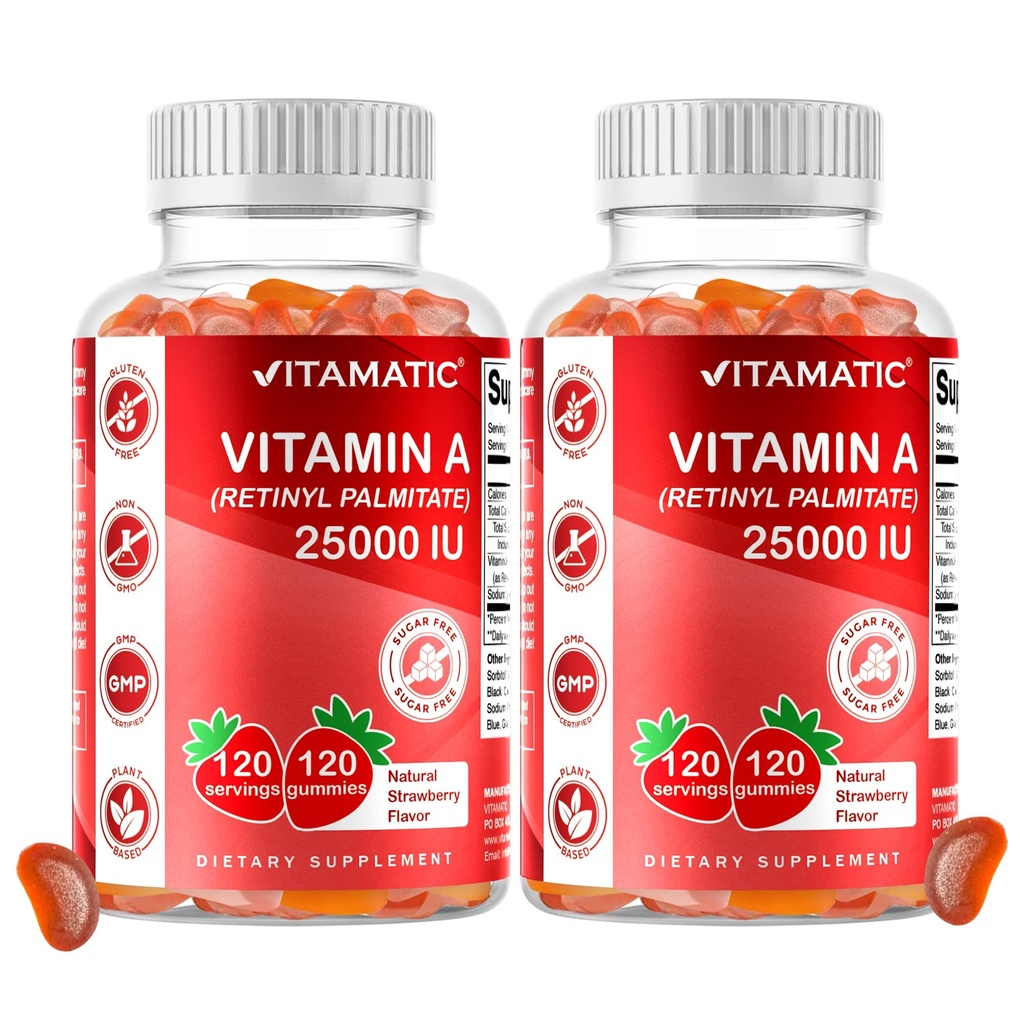 Vitamatic Sugar Free Vitamin A 25000 IU Gummies (Retinyl Palmitate) - Natural Strawberry Flavor - 120 Pectin Based Gummies (2 Bottles)