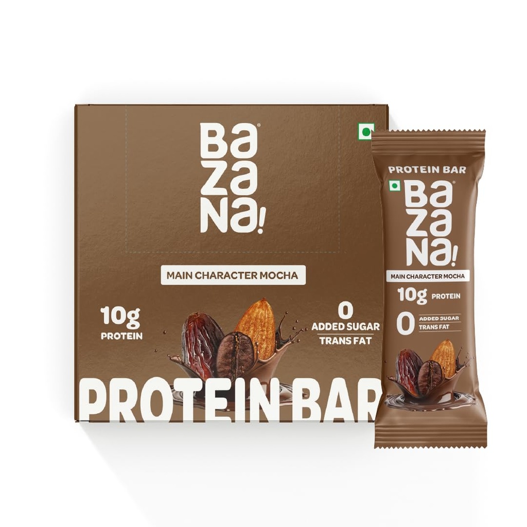 Bazana 10g Protein Bar | Pack of 12 | Main Character Mocha | No Added Sugar | High Protein Healthy Snack | Whey & Nuts Blend | Gym & Workout Recovery | Gluten Free | Healthy Snacks