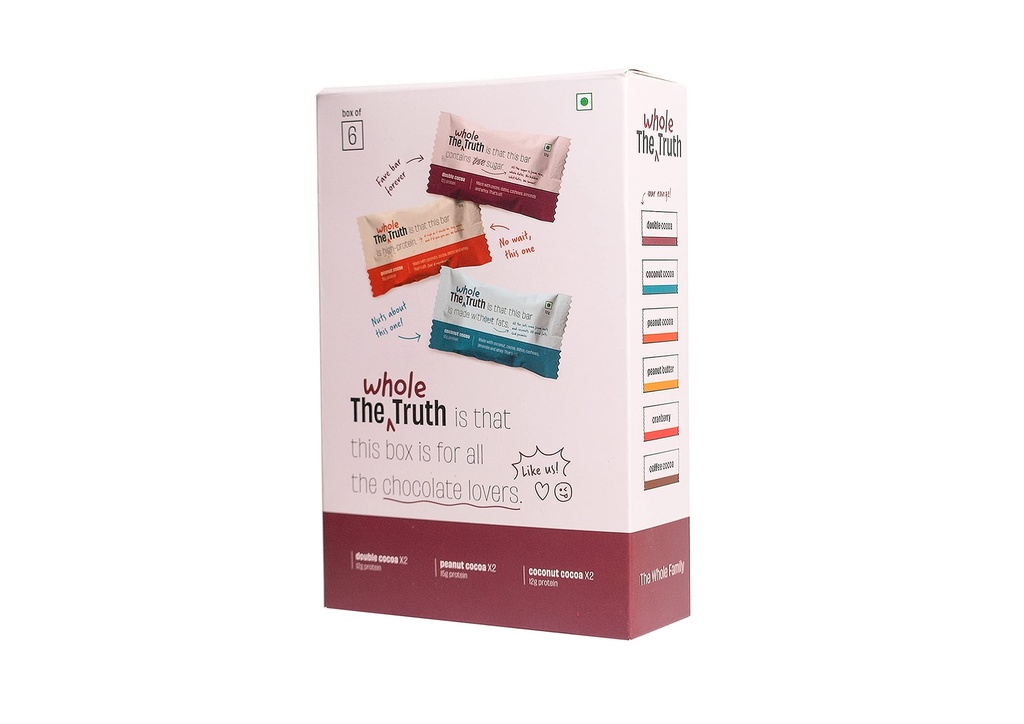 The Whole Truth - Protein Bars | Choco Variety Pack of 6 x 52g | No Preservatives | No Artificial Sweeteners | Healthy Snack