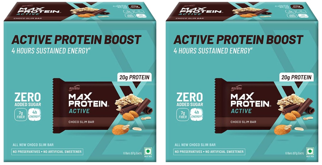 RiteBite Max Protein Active Choco Slim 20G Protein Bars [Pack Of 12] Protein Blend, Fiber, Vitamins & Minerals, No Preservatives, 100% Veg, No Added Sugar, For Energy, Fitness & Immunity - 402 Gm