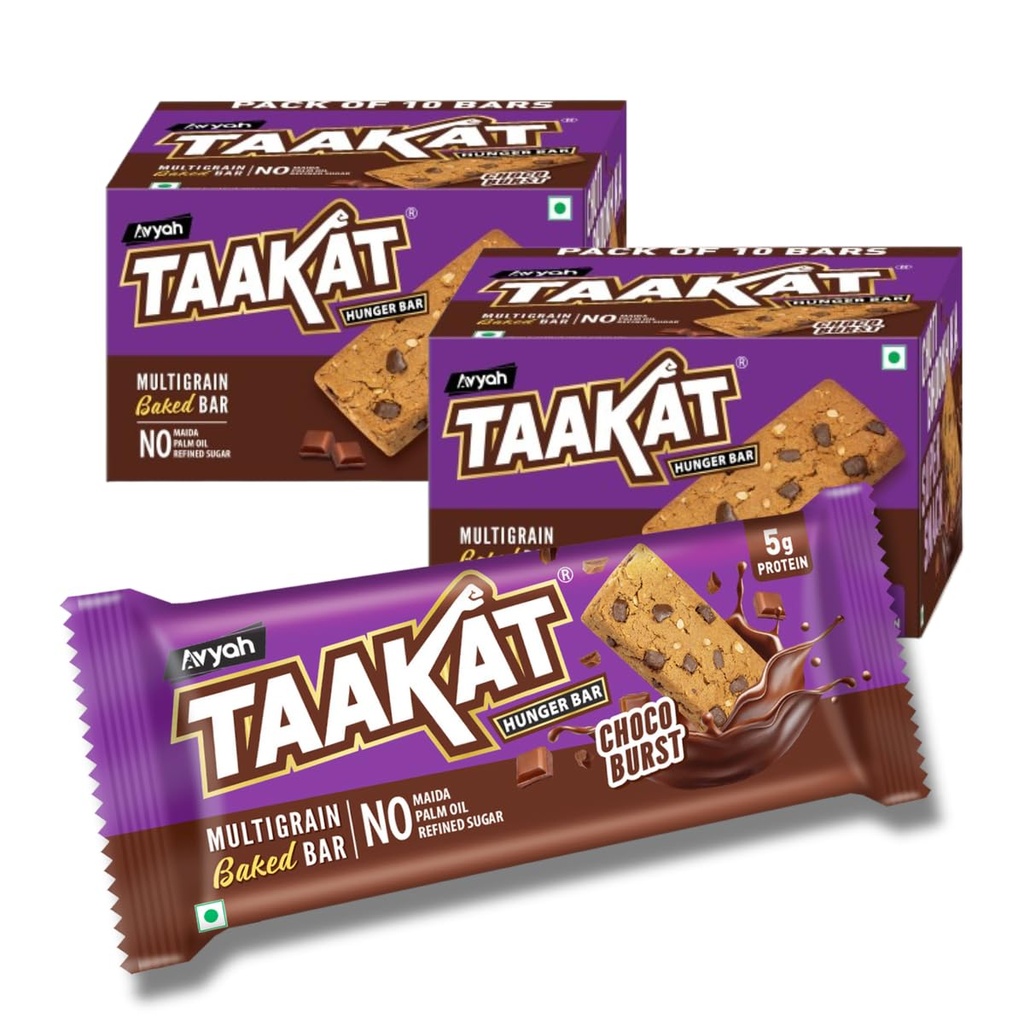 Taakat Hunger Bar Choco Burst: Pack of 10 X 2 | 5g Protein | Multigrain Baked Bar | Genuine Chocolate | NO - Maida, Palm Oil and Refined Sugar