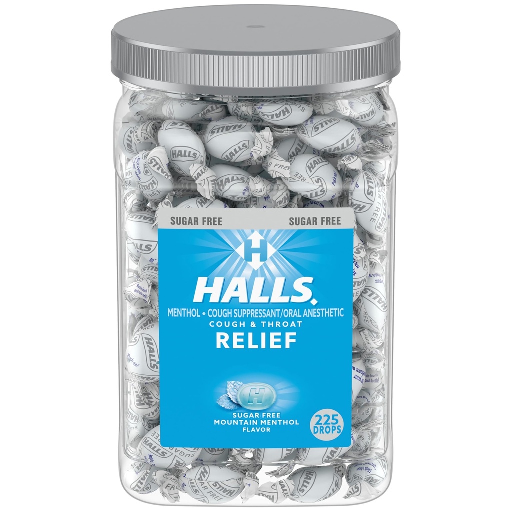 Halls Relief Mountain Menthol Sugar Free Cough Drops, Bulk Cough Drops, 225 Drops