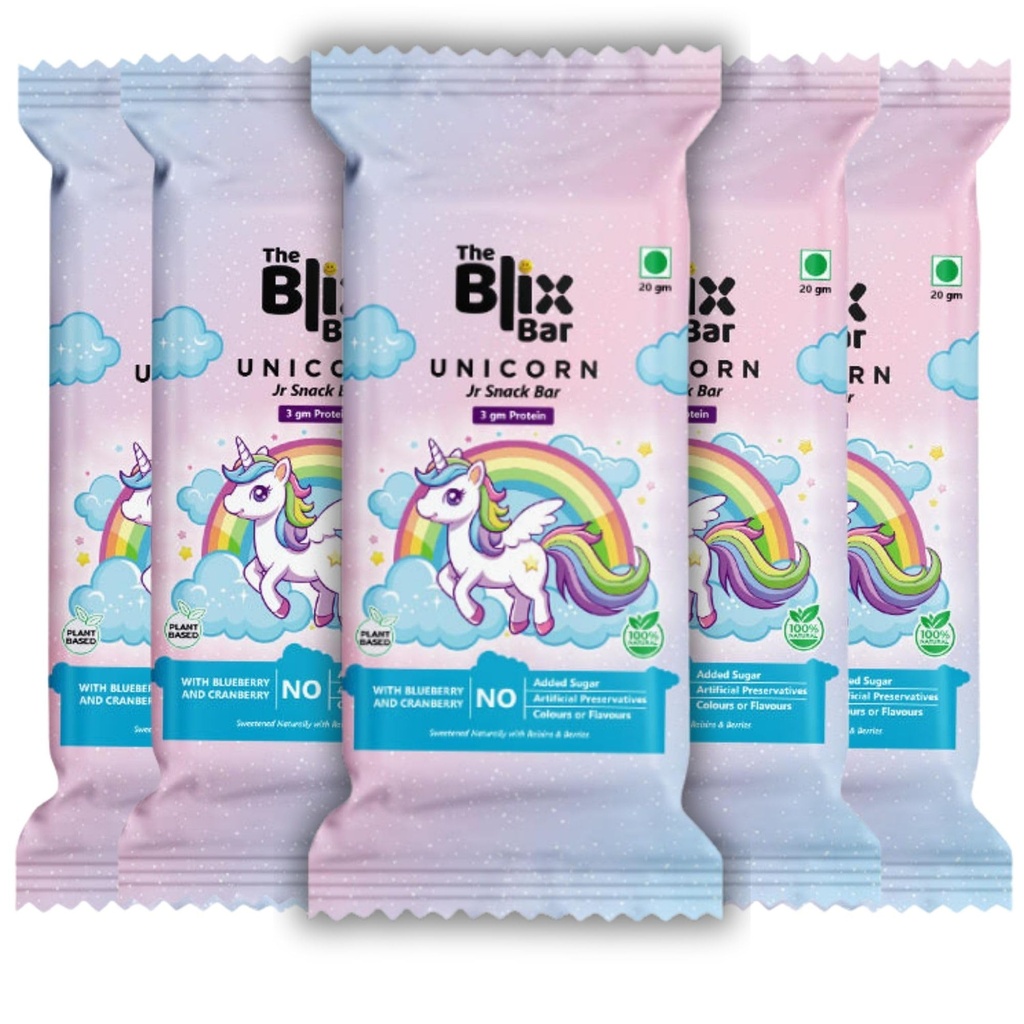 The Blix Bar Unicorn Jr Snack Bar Pack of 5 (20 gm each) | No Added Sugar | Healthy Snack for Kids with Nuts, Berries, Millets | No Maida, No Palm Oil & No Preservatives | Source of Protein | High Fiber | Berry & Millet Tiffin Snack | Travel Friendly