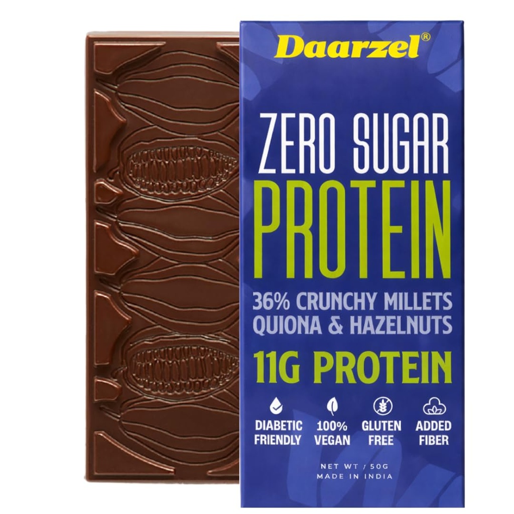 Ambriona Daarzel Sugarfree 36% Dark Chocolate | Zero Sugar Protein Bar with Millets, Quinoa & Hazelnuts | 11g Protein | Vegan, Gluten Free | Allulose Sweetened | No Preservatives | 50g