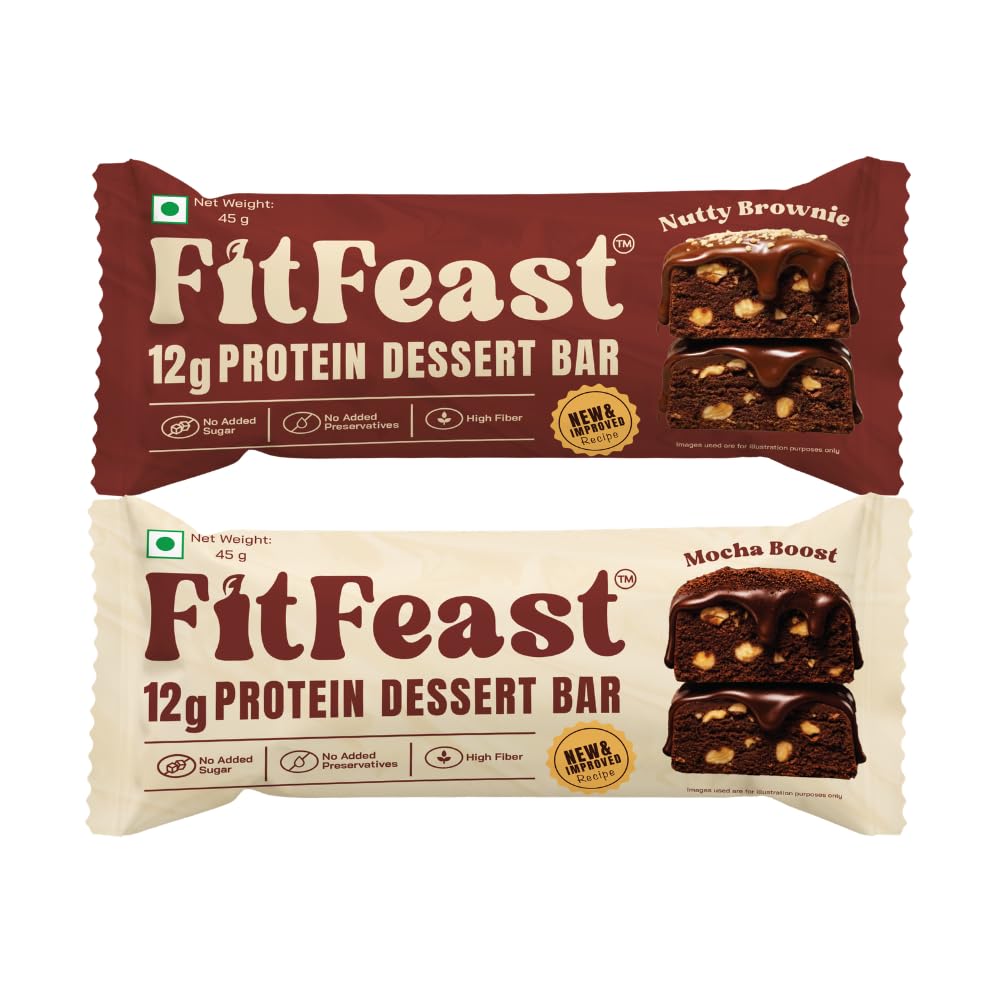 FitFeast Dessert Protein Bar, Pack of 8 | 4 x Mocha Boost & 4 x Nutty Brownie | 12g Protein each | Zero Added Sugar & No Artificial Preservatives | 45g Bar | As Seen on Shark Tank