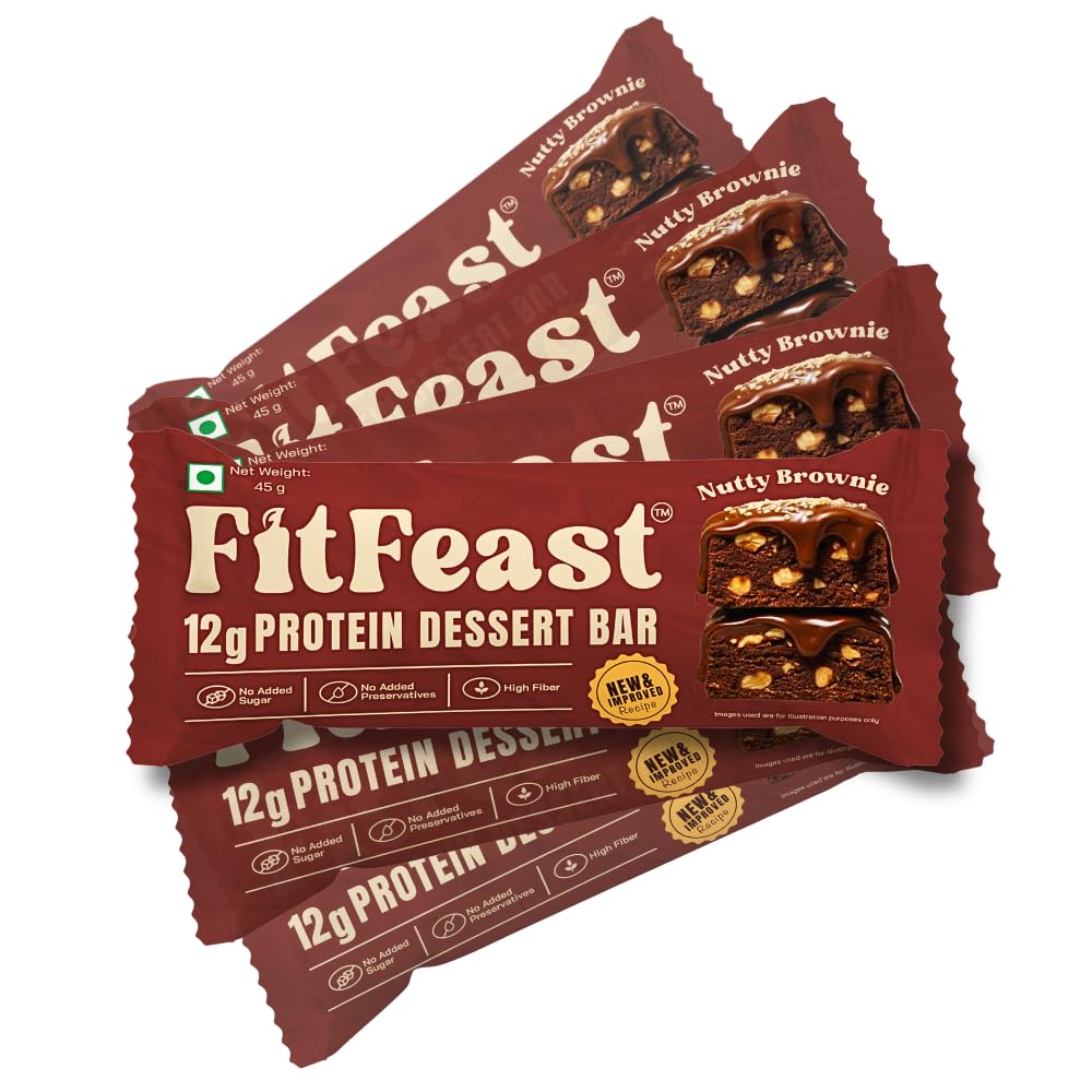 FitFeast Nutty Brownie Dessert Protein Bar, Pack of 6 | 12g Protein per 45g Bar| Blended of Chocolate and Nuts Flavour | Zero Added Sugar & No Artificial Preservatives | As Seen on Shark Tank