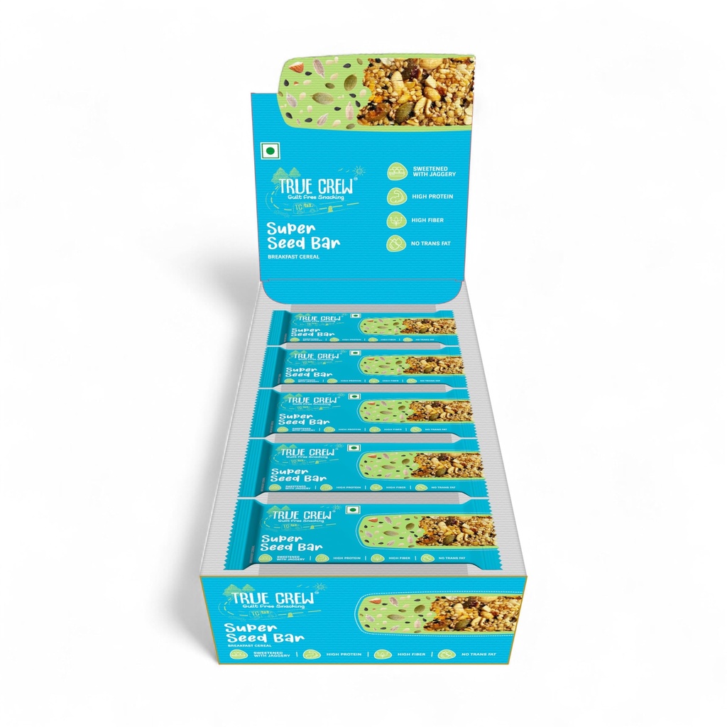 TRUE CREW Super Seed Bar | High Protein & High Fibre Snack | Jaggery Sweetened | No Trans Fat, Artificial Sweeteners, Gluten or Soy | Natural Ingredients | 25g Each | Pack of 10