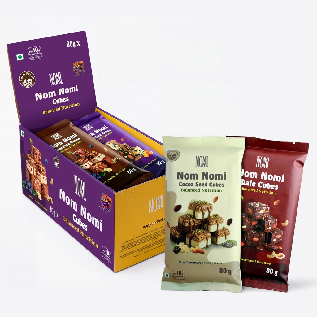 NOMI Date, Cocoa Seeds, Dark Chocolate & Assorted Energy Cubes - Pack of 4 (80g Each) | 10g Nutritious Bite-Sized Cubes | Naturally Sweetened, No Preservatives | High Protein & Fiber | 100% Natural Vegetarian Protein Cubes