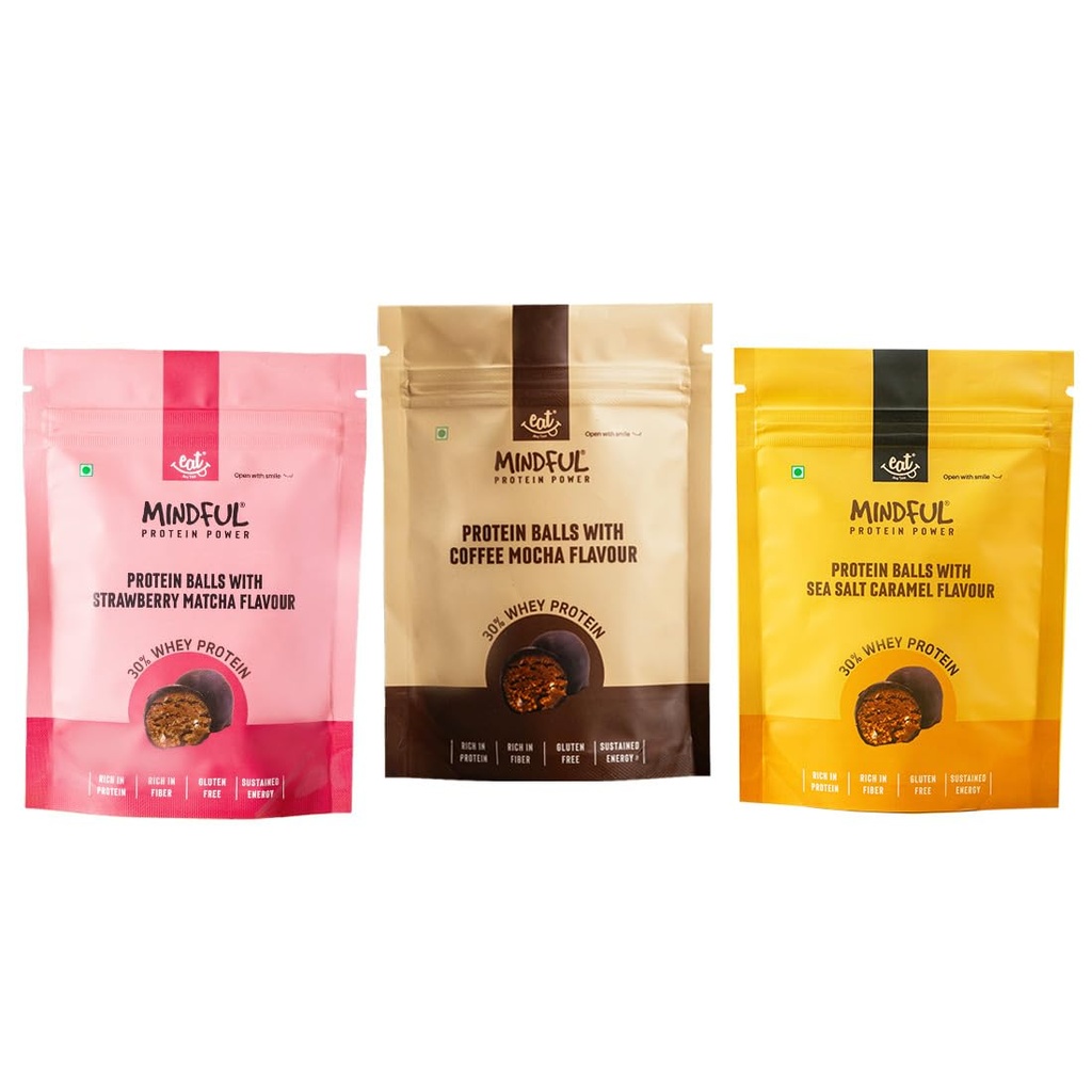 Eat Anytime Chocolate Protein Balls - Caramel, Strawberry & Coffee Flavour (21 balls, 3*70 g per pack) | 3g Protein per ball | No Added Sugar | Healthy Dessert | Low Calories & High Fibre| Healthy Chocolate 210g