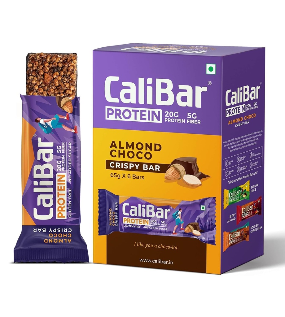 CaliBar 20g Protein Bar - Almond Choco Crispy Bar No added Sugar, Gluten-Free, 5g Fiber, No Preservatives, No Palm oil, Delicious Taste & 100% Veg Whey & Plant Based Protein (6 Bars)