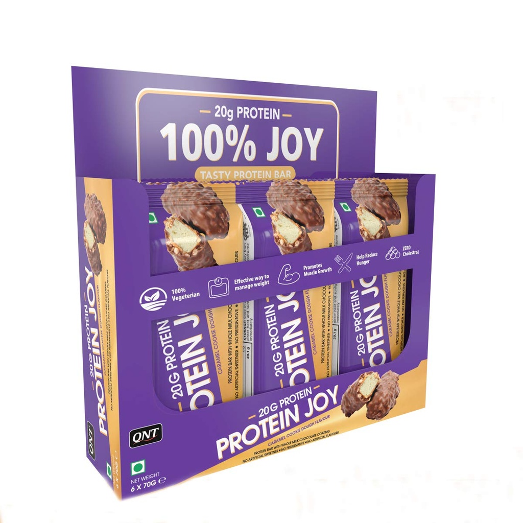 QNT Protein Joy Protein Bar; Caramel Cookie Dough;20 g Protein; Rich in Fibre; 100% Vegetarian | 6 x 70g Bars (420g Pack)
