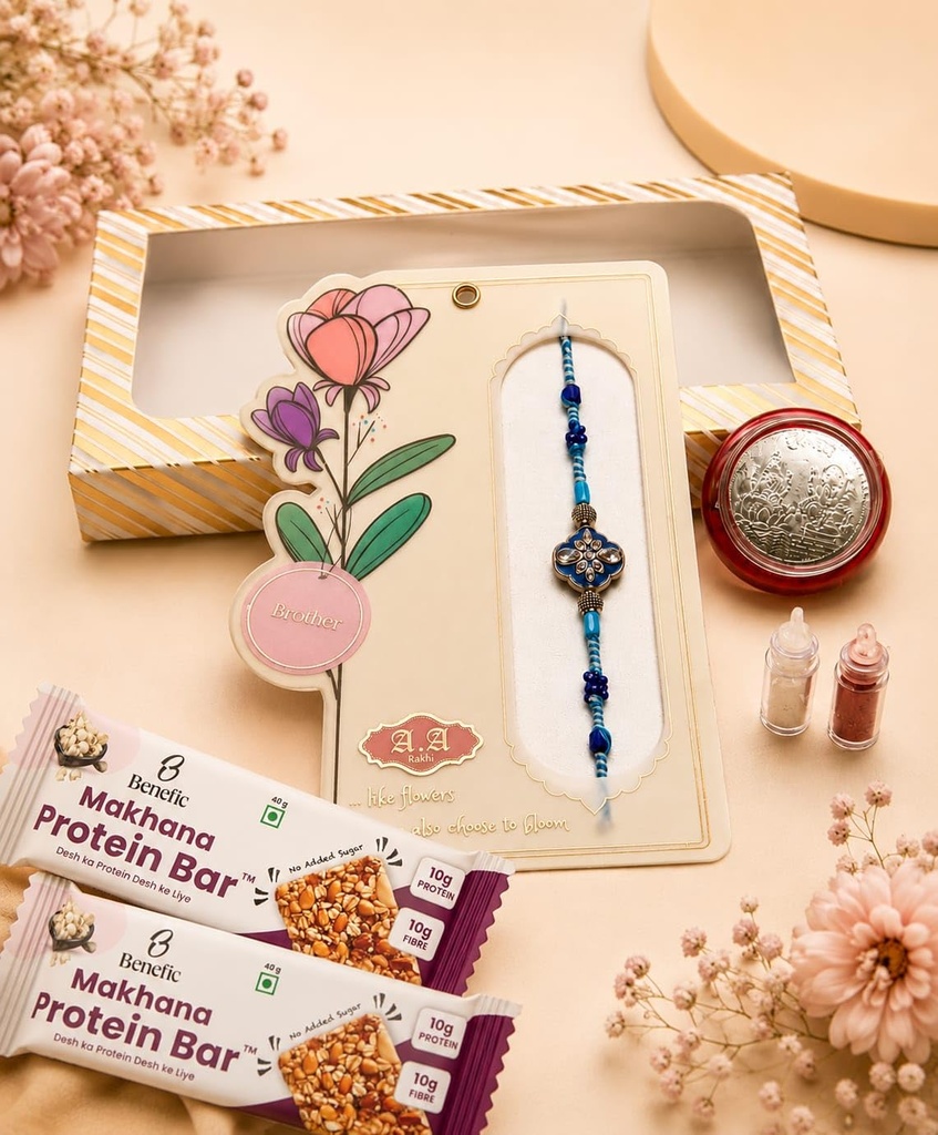 Benefic Rakhi Gift Set with 1 Special Rakhi, 2 Makhana Protein Bars, 1- Roli & Akshat, and 1 Silver Plated Coin | Best Gift Set for Rakhi (No. 12)