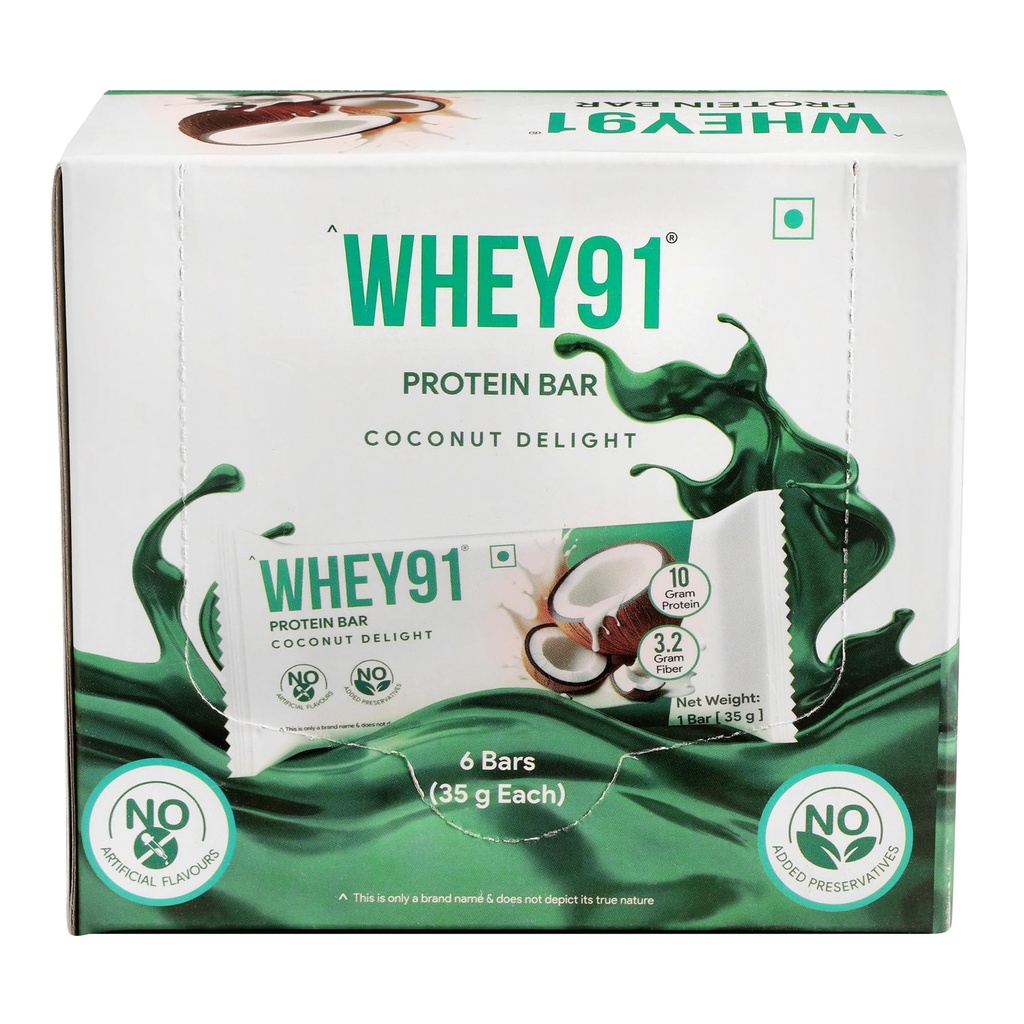 Whey91 Coconut Delight Protein Bar, 10g Protein & 3.2g Fiber in each, No Added Preservatives, No Artificial Flavours, 210g- (Pack of 6)