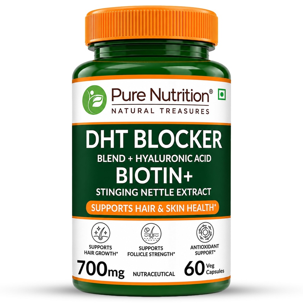 Pure Nutrition DHT Blocker with Biotin Capsules for Hair growth | Biotin Supplement with Hyaluronic Acid | DHT Blocker Capsules Supports Hair Growth, Scalp & Skin Health for Men & Women - 60 Capsules