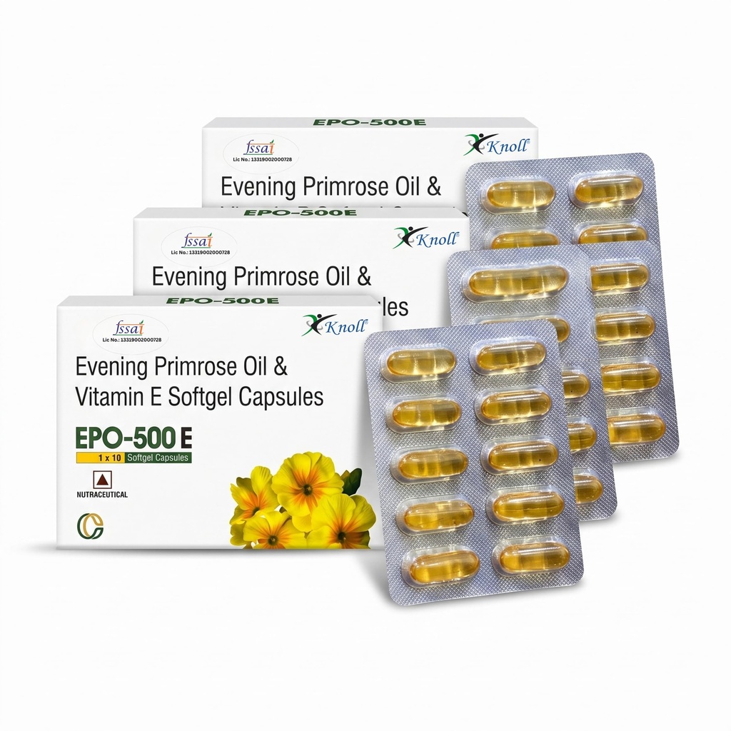 Knoll Healthcare EPO-500E Evening Primrose Oil 500 mg with Vitamin E Softgel Capsules | Supports Women’s Wellness, Skin Health & Antioxidant Support | Dietary Supplement (3x10 Capsules)