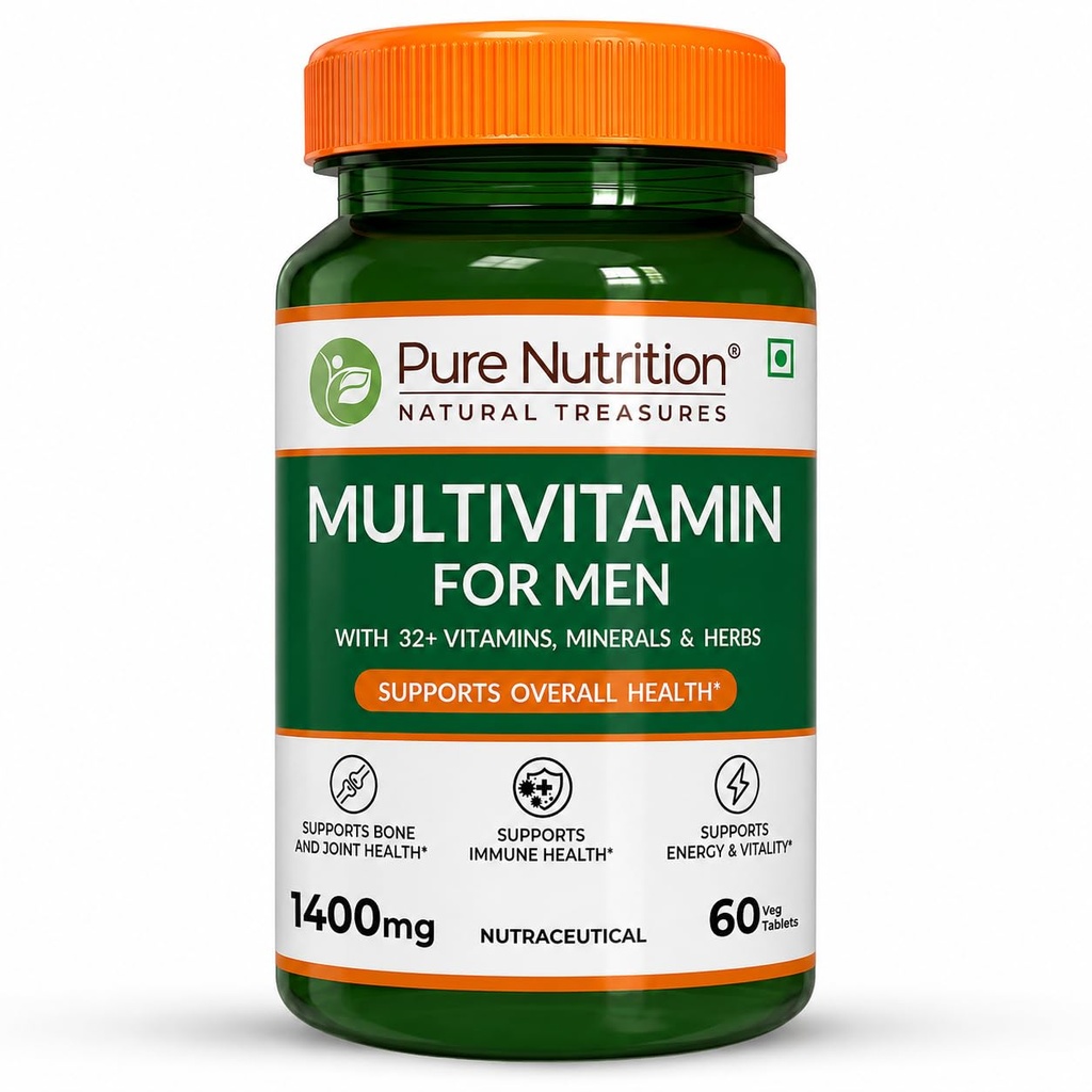 Pure Nutrition Multivitamin for Men 1400mg | Multivitamin Tablet for Men with 32+ Vitamins, Minerals & Herbs | Biotin, Ginseng, Moringa & Green Tea | Supports Immunity, Energy & Bone Health - 60 Veg Tablets