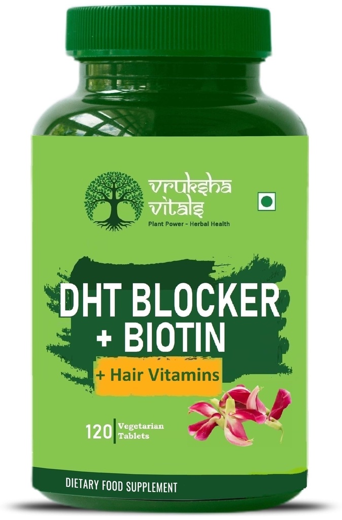 VRUKSHA VITALS DHT blocker with Biotin 120 tablets - Stinging Nettle Leaf Extract, Hair Vitamins B2, B3, B6, B9, B12, A, C, D, E, Iron Zinc Omega 3 Beta Sitosterol Bamboo Shoot-Hair Growth Skin Nails