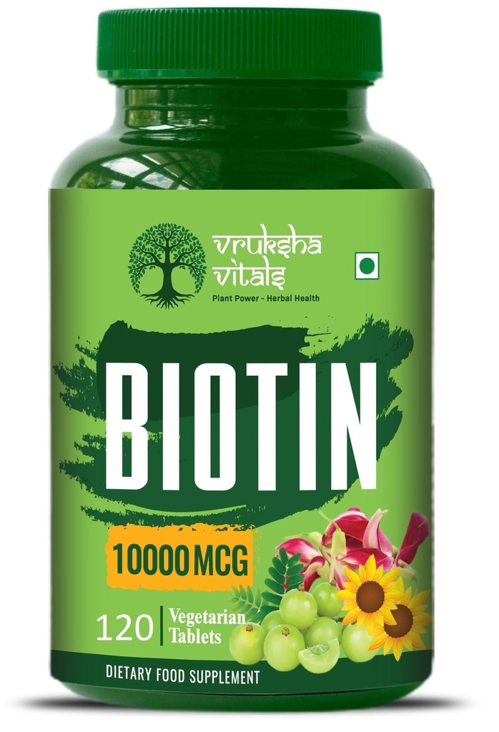 Vruksha Vitals Biotin 120 tablets - 10000 mcg per tablet - Biotin for Hair Growth, Nails and Skin - 10000mcg Plant based Capsules/Powder
