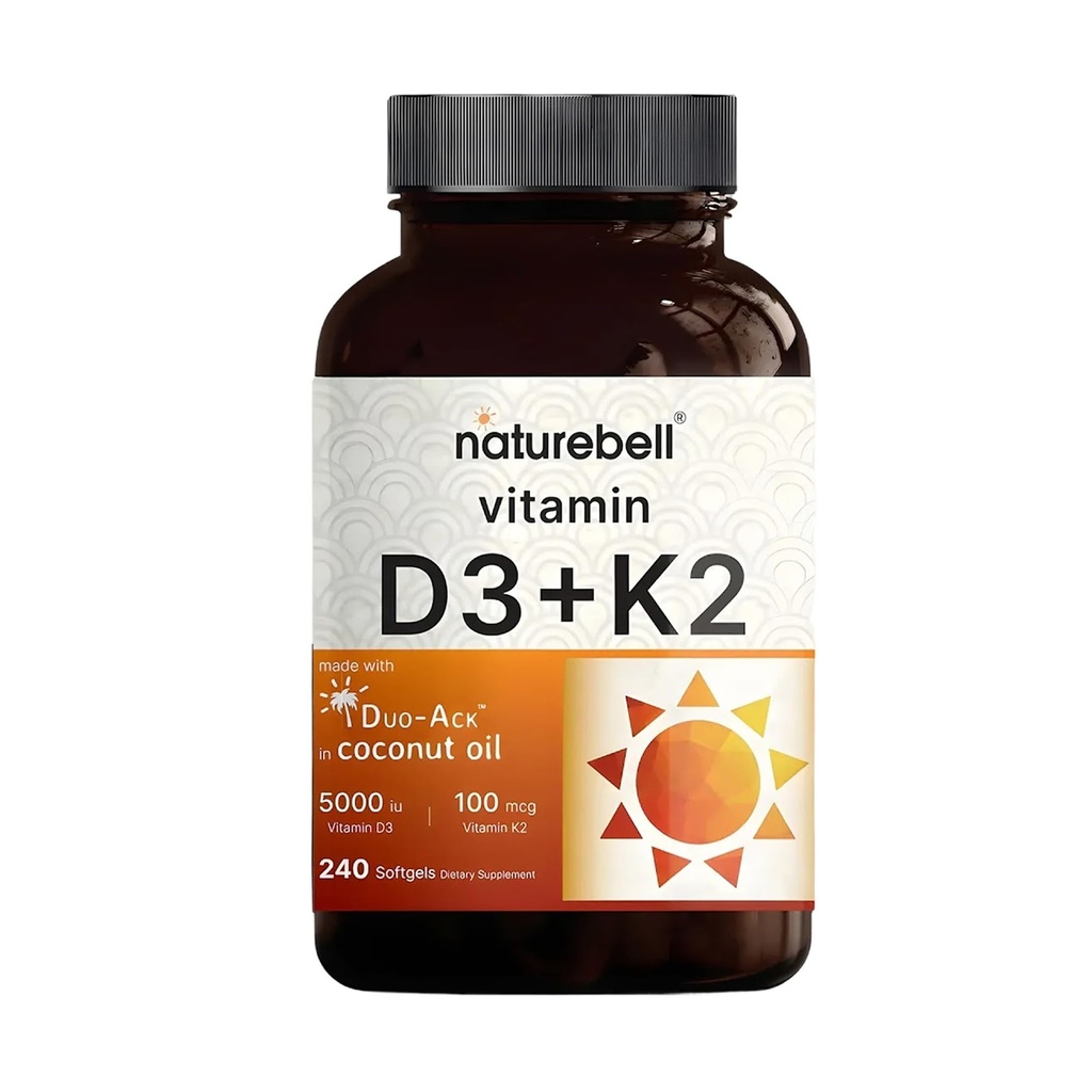 NatureBell Vitamin D3 K2-240 Softgels - 5,000 IU Vitamin D3 & 100mcg Vitamin K2 MK-7 - with Virgin Coconut Oil - Bone, Heart & Immune Health Support* - Duo-Ack Formula