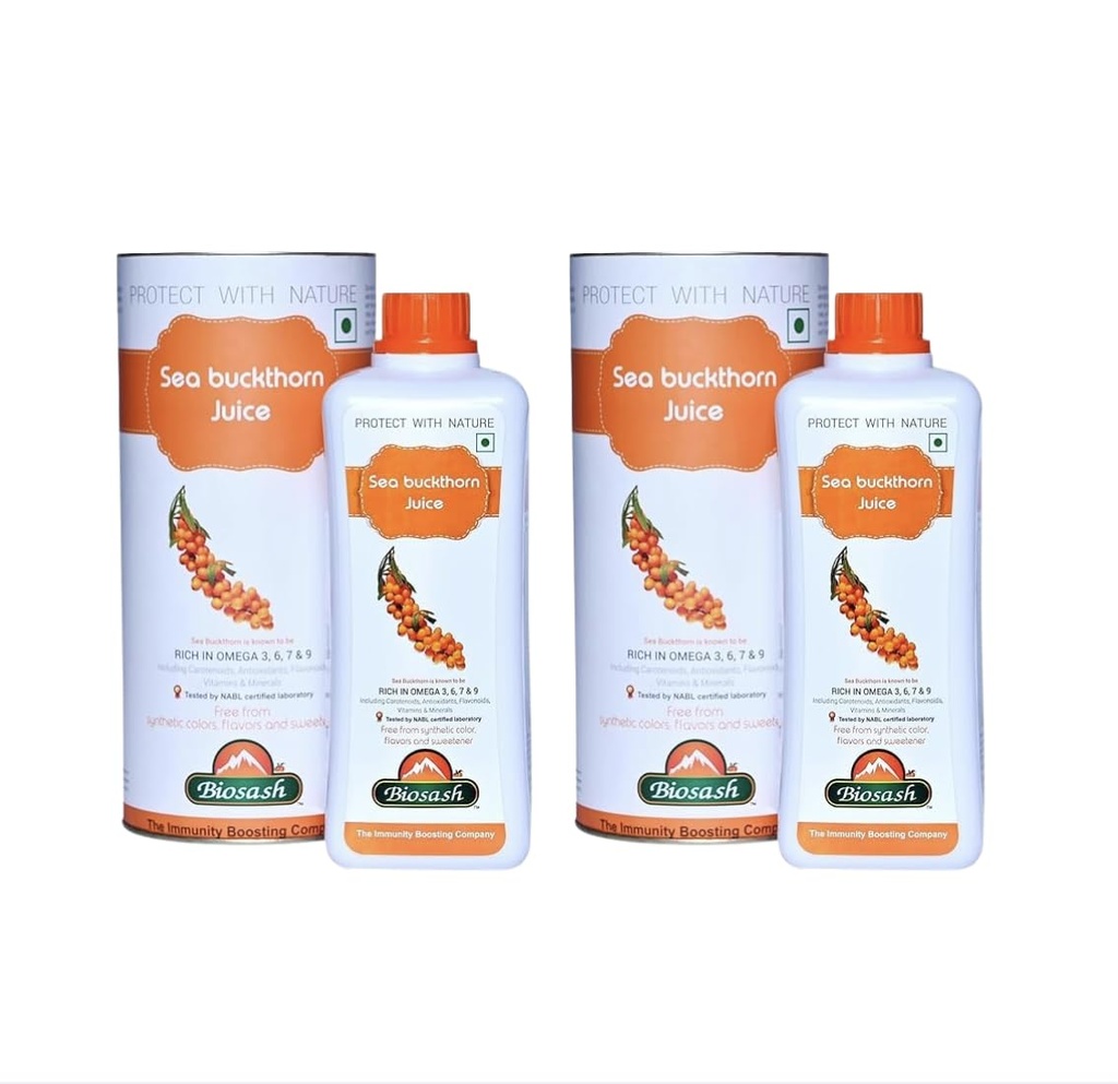 Biosash Himalayan Sea Buckthorn Juice 250ml (Pack of 2) | Organic Cold-Pressed Pure Juice | Rich in Omega 3 6 7 9, Vitamins & Antioxidants | No Added Sugars, Sea Buckthorn Berries for Wellness & Vitality