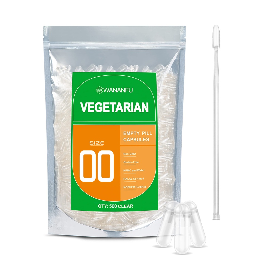 wananfu Size 00 Empty Capsules Vegetarian (500 Count) Bundle with Micro Lab Spoon, Clear Fillable Veggie Pill Capsules 00 for Making Your Own Supplements