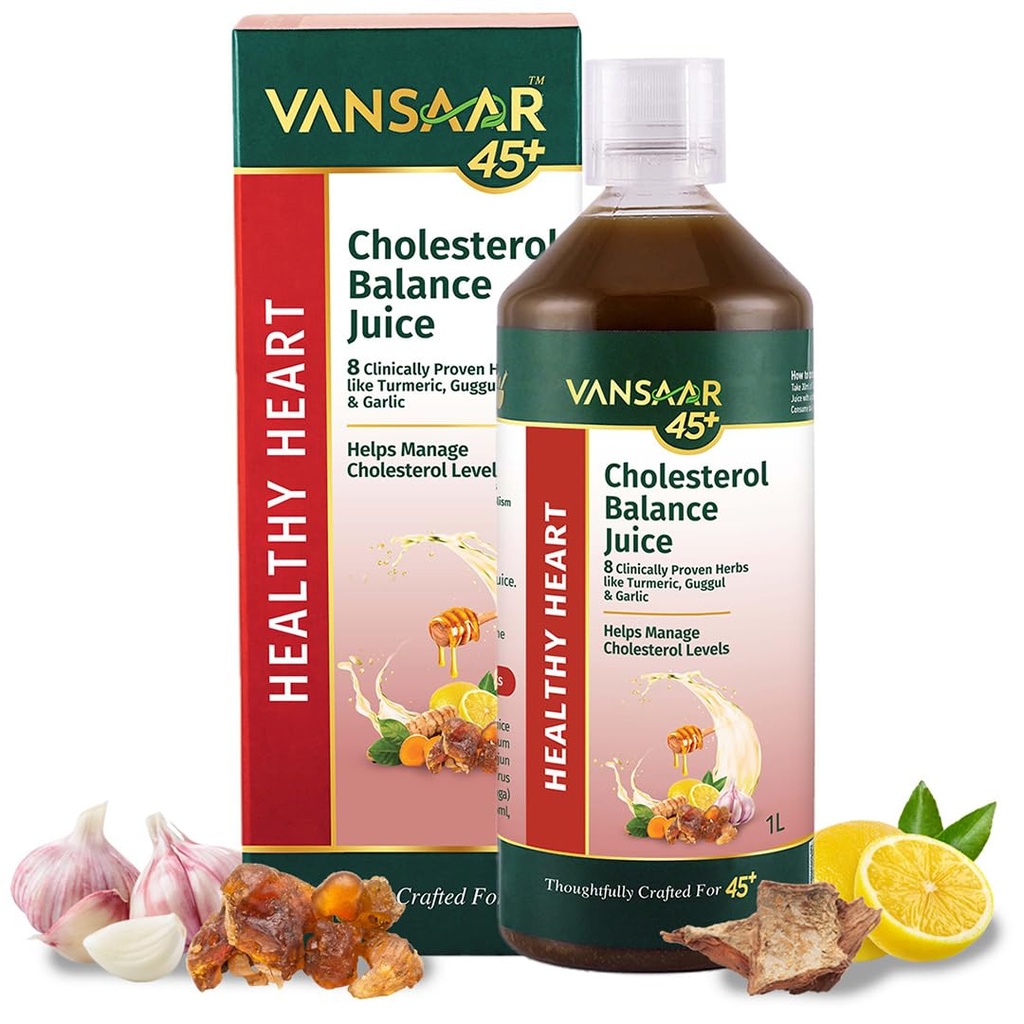 Vansaar 45+ Cholesterol Balance Juice, 1L | Cholesterol Care & Heart Health Supplement with Arjuna, Garlic & 6 Potent Herbs | Ayurvedic Supplement for 45+ Adults