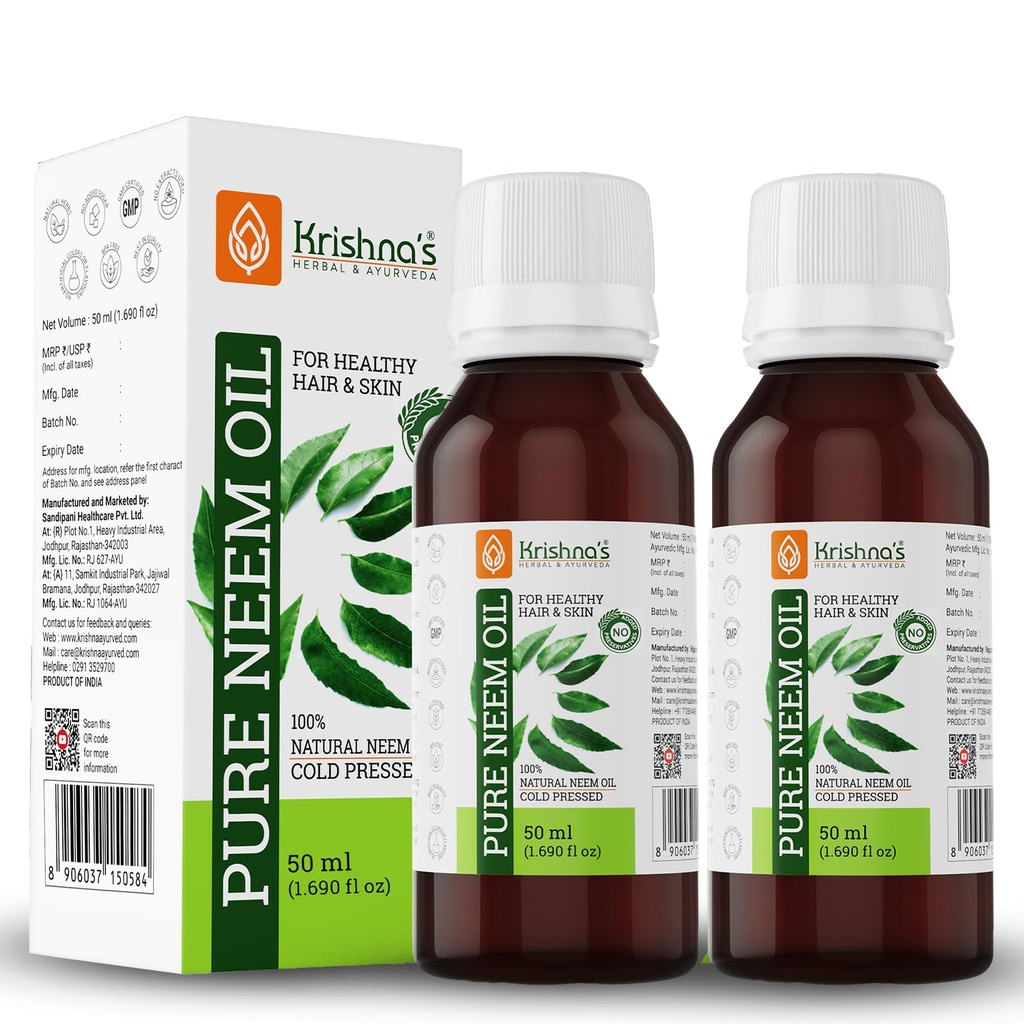 Krishna's Pure Neem Oil - 50 ml (Pack of 2) | Natural & Cold Pressed Neem Oil | For Healthy Skin & Hair