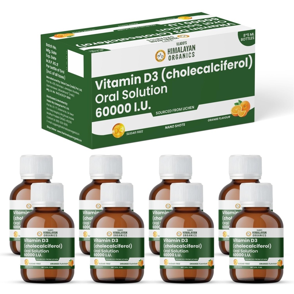 Vlado's Himalayan Organics Vitamin D3 60000 IU Shots | Cholecalciferol Vitamin D3 60000 IU Supplement I Sugar Free I Oral Solution I Vitamin D 60K for Men & Women – 5ml Each bottle - Orange Flavour - (Pack of 8)