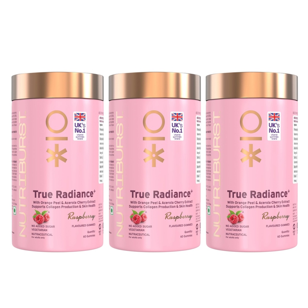 Nutriburst True Radiance Gummies for Collagen Improvement | Raspberry Collagen Gummies with Orange Peel | Acerola Cherry & Sea Buckthorn, No Added Sugar | Enhance Elasticity & Healthy Skin| (60 Gummy)