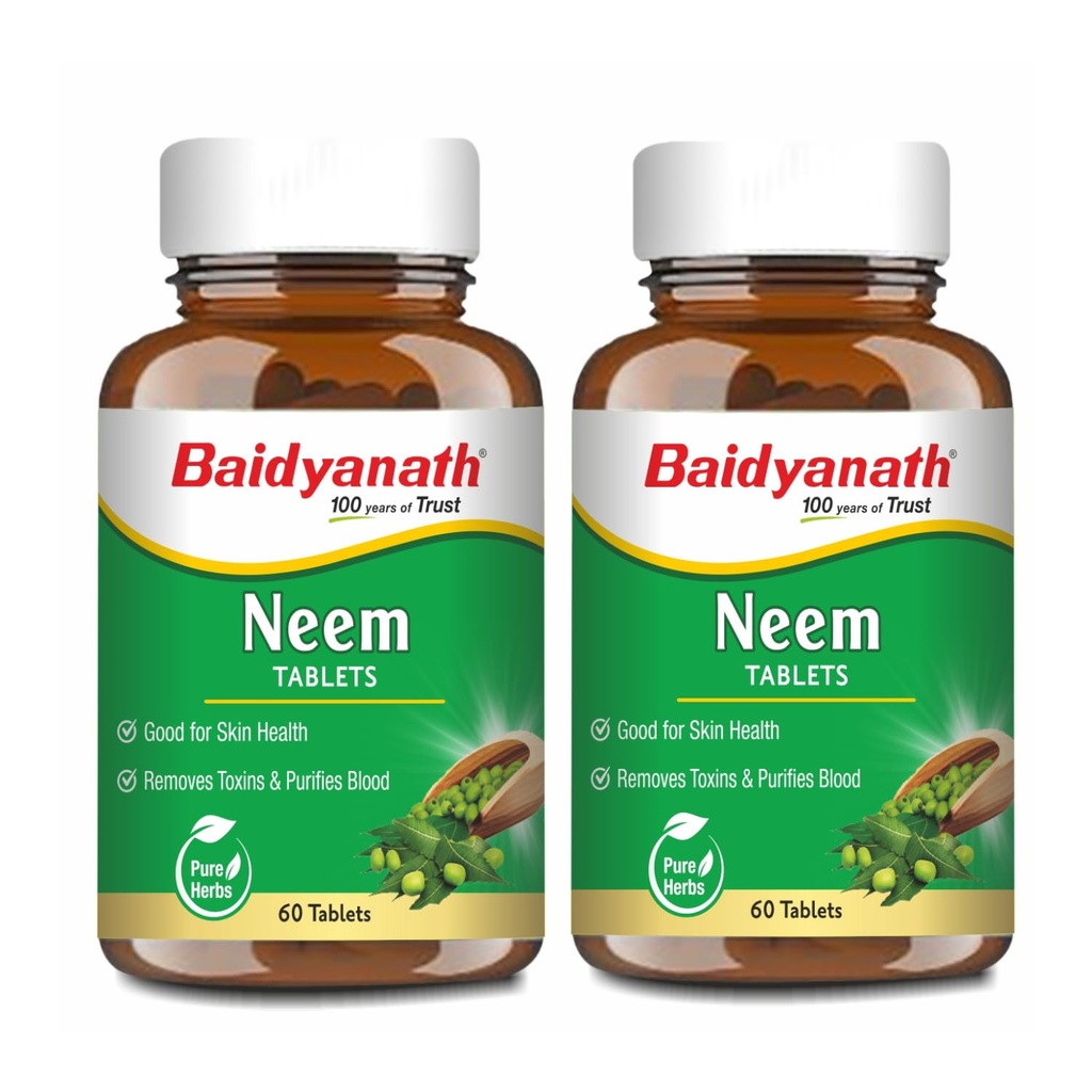 Baidyanath Ayurved Neem 60 Tablets | Ayurved Herb For healthy Skin & Hair, Natural Extracts Of Neem | Helps In Purification of Blood Boosting, Liver Health (Pack of 2)