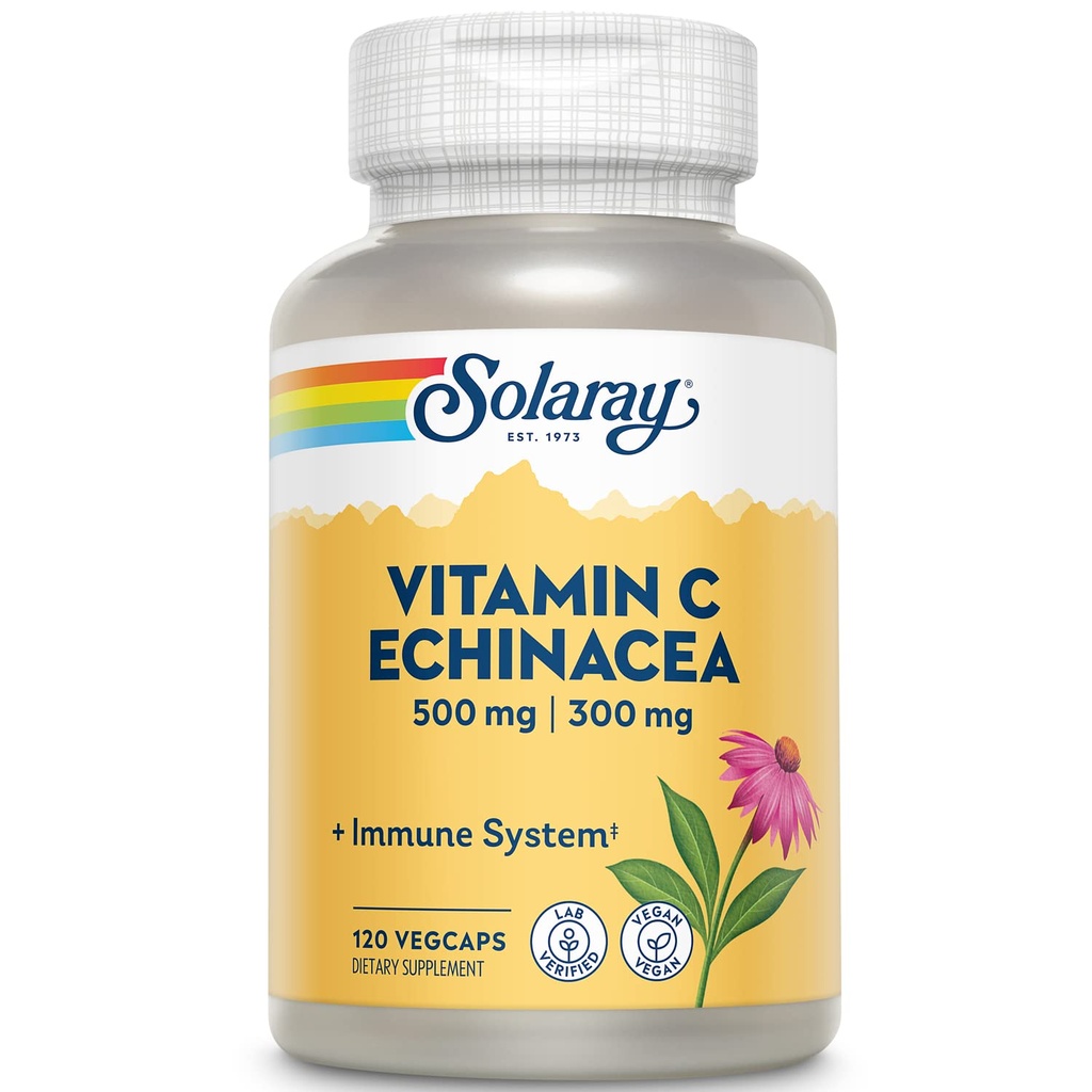 SOLARAY Vitamin C & Echinacea Root Supplement - Healthy Immune System Support for Women & Men, 500 mg Vitamin C & 300 mg Echinacea Per Capsule, Non-GMO, Vegan - 120 Count Veg Caps