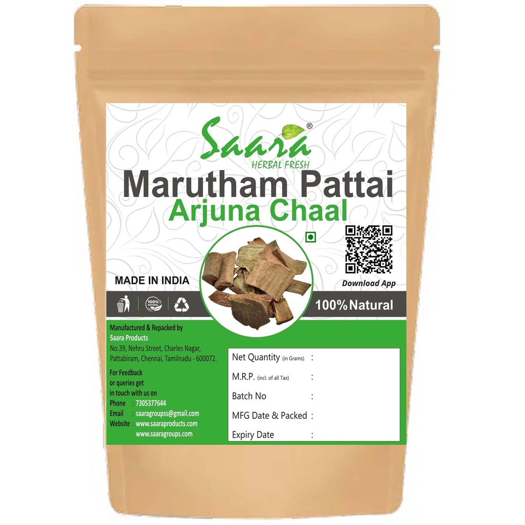 Saara HERBAL FRESH Marutham Pattai, 100g, Arjun Bark, Terminalia Arjuna Bark, Thella Maddi Bark (Pack of 1 X 100g)