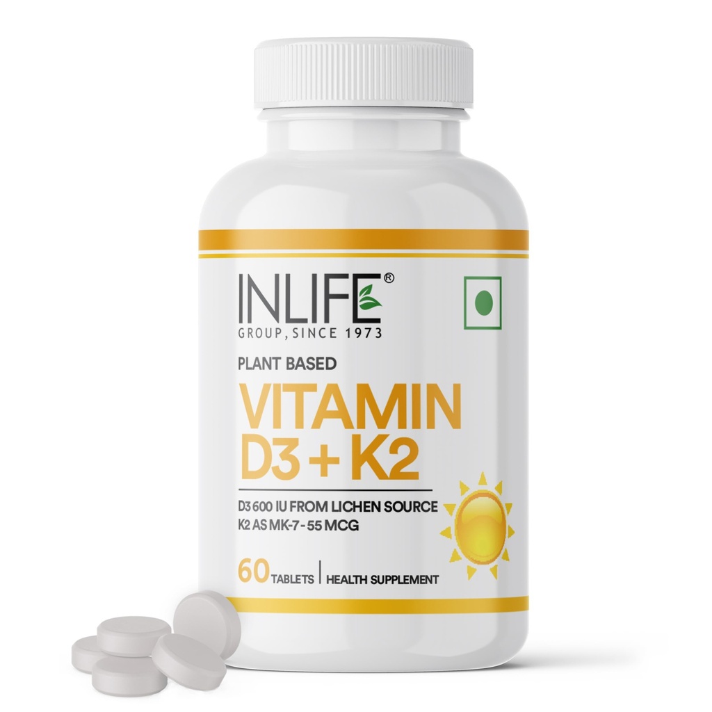 INLIFE Vitamin D3 K2 Supplement, 600 IU D3 K2 MK7 55 mcg, 60 Tablets