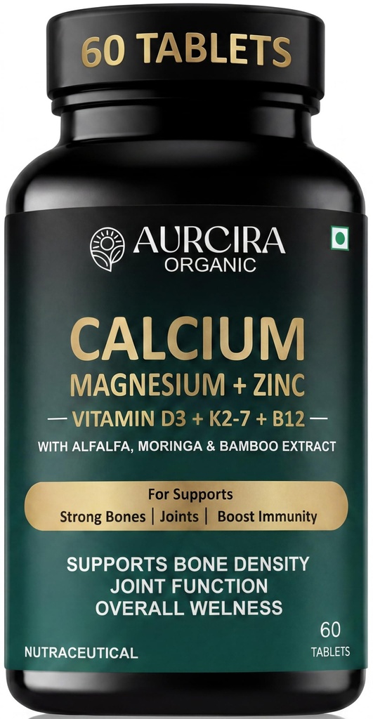 Calcium Magnesium Zinc with Vitamin D3 & K2-7 Tablets | Calcium Citrate Malate with Alfalfa, Moringa & Bamboo Leaves Extract | Bone, Joint & Muscle Support | 60 Vegetarian Tablets (60 Piece)
