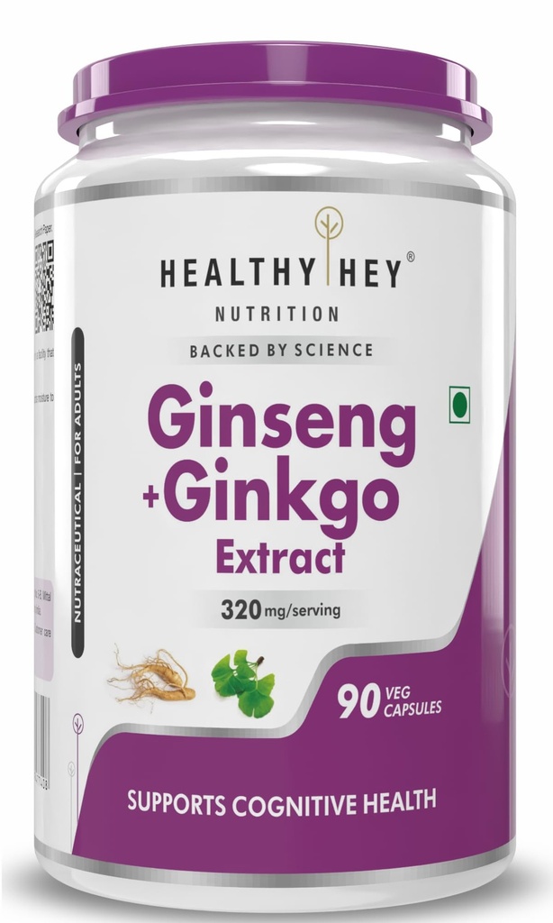 HealthyHey Ginseng + Ginkgo Biloba - Improves Memory & concentration- 90 Veg Capsules