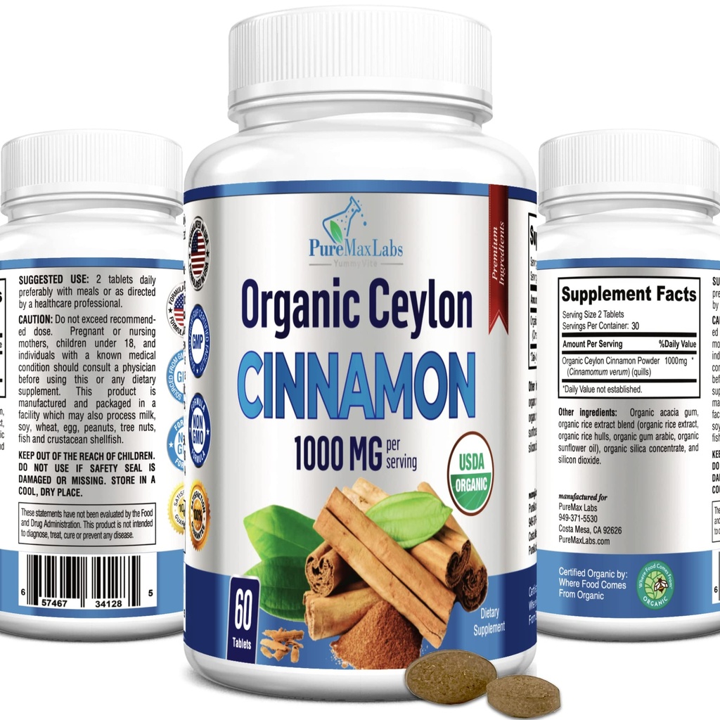 YUMMYVITE Organic Ceylon Cinnamon - 1000mg per Serving, Certified Organic True Cinnamon Supplement, antioxidant, Fast Absorption - 60 Tablets