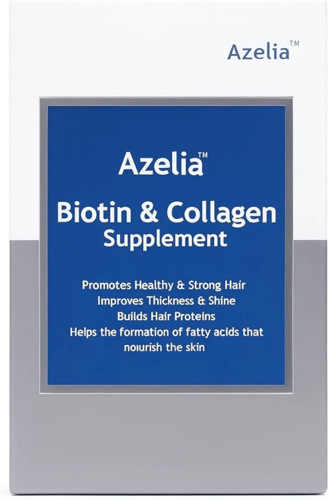 New Azelia Biotin & Collagen Supplement, 30 Tablets, Hair Growth Formula with Vitamin C, Omega 3, Zinc for Strong Hair, Thickness & Shine By Glorida