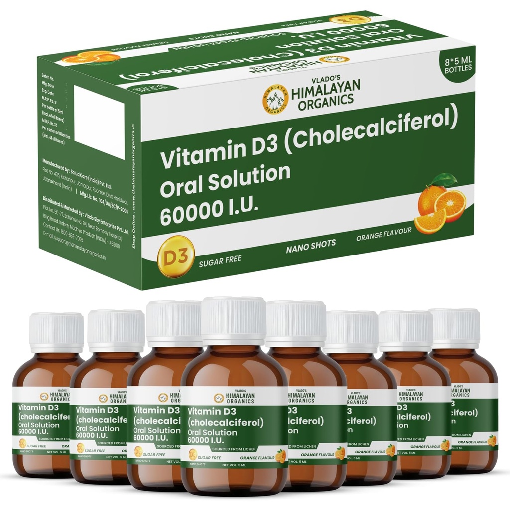 Vlado's Himalayan Organics Vitamin D3 60000 IU Shots | Cholecalciferol Vitamin D3 60000 IU Supplement I Sugar Free I Oral Solution I Vitamin D 60K for Men & Women – 5ml Each bottle - Orange Flavour - (Pack of 8)