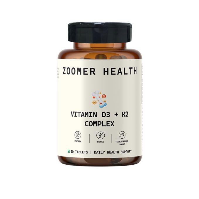 VITAMIN D3 (1000IU)+ K2 (MK-7)| Enriched with CALCUIM, MAGNESIUM, ZINC & VITAMIN B6| Boosts Calcuim Absorption, Bone & Muscle Strength| 60 Servings | Fssai approved and Lab certified
